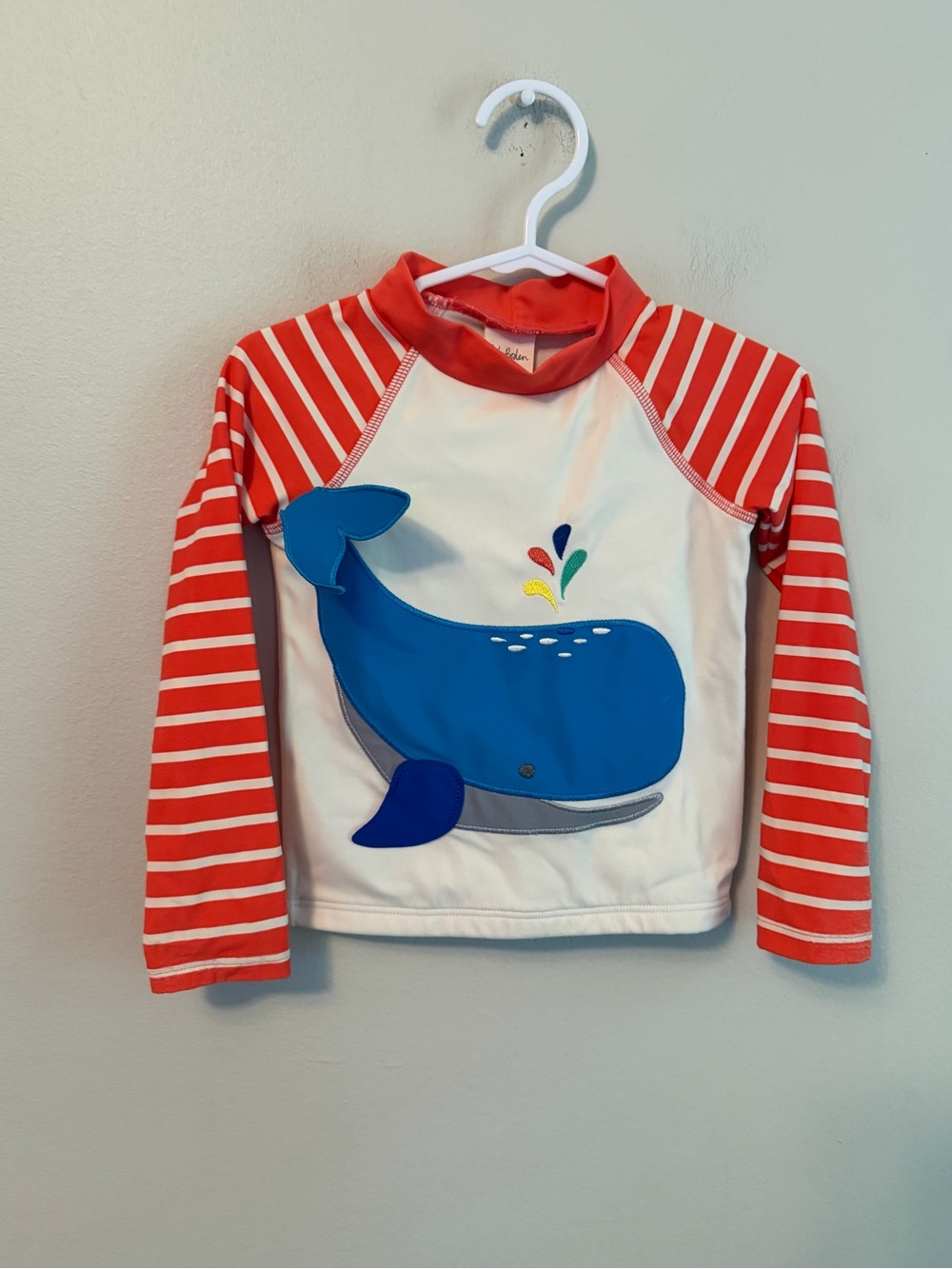 Baby Boden Rash Guard Swim Top - Blue Whale with Red Stripes